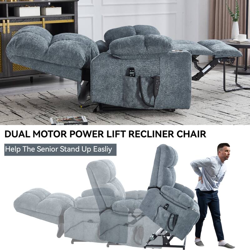Roomfitters Dual Motor Power Lift Recliner Chair with Heat Massage Oversized Infinite Position Sofa with Cup Holders