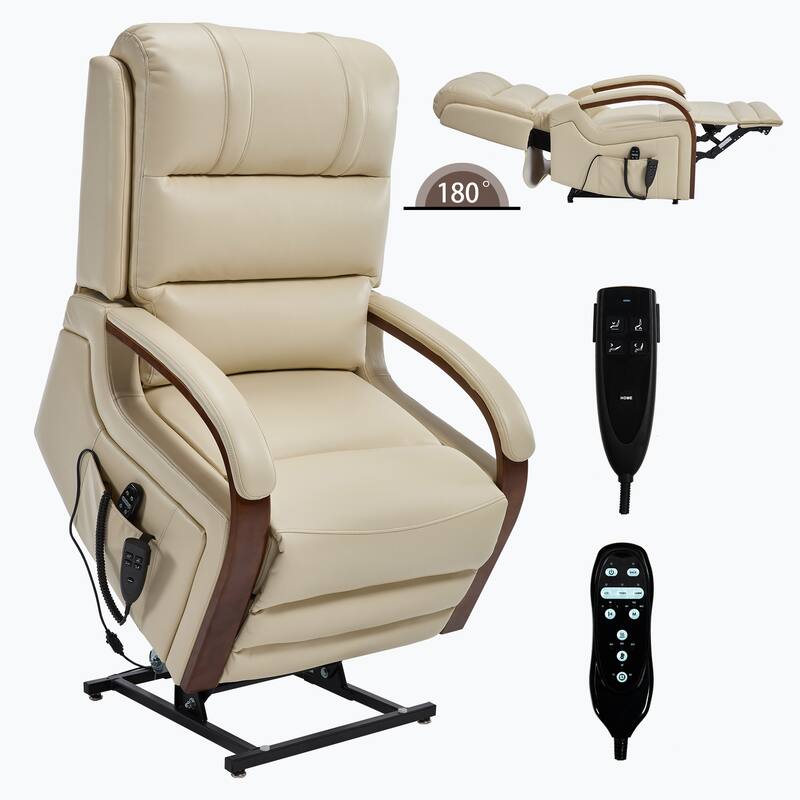 Power Leatheraire Lift Recliner Chair Dual Motor Infinite Position Up to 350 LBS with Solid Wood Armrests
