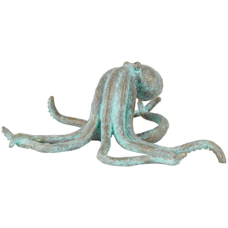 Blue Polystone Distressed Patina Octopus Decorative Sculpture with Gold Foil Accents