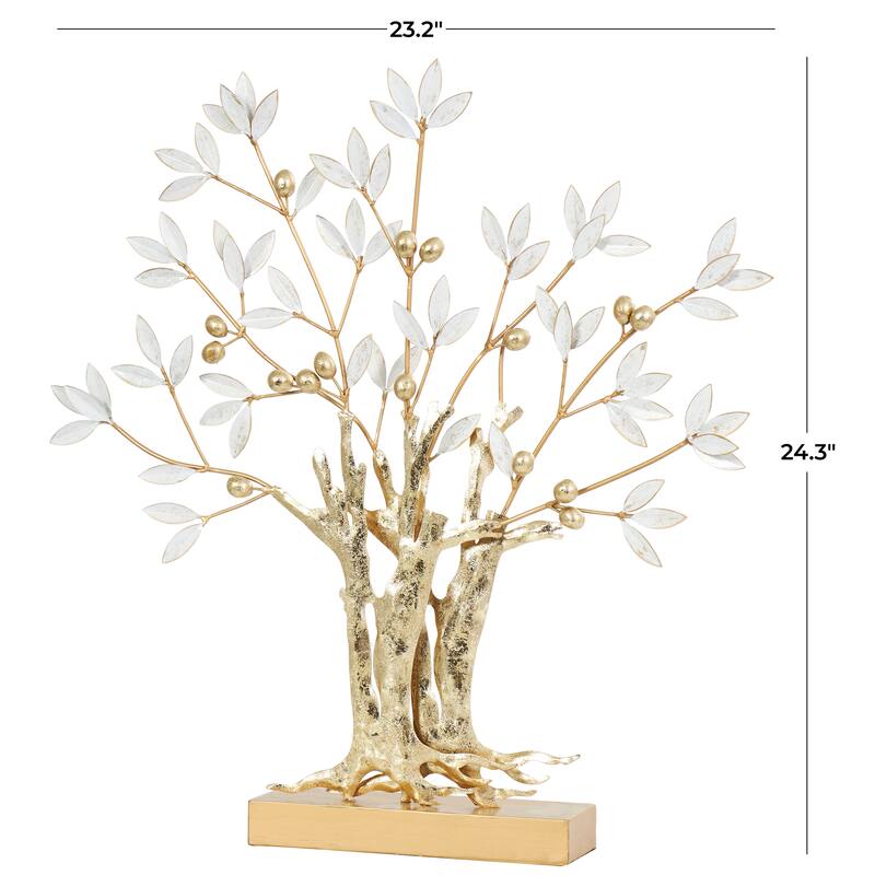 Gold Metal Metallic Tree Decorative Sculpture with White Leaves