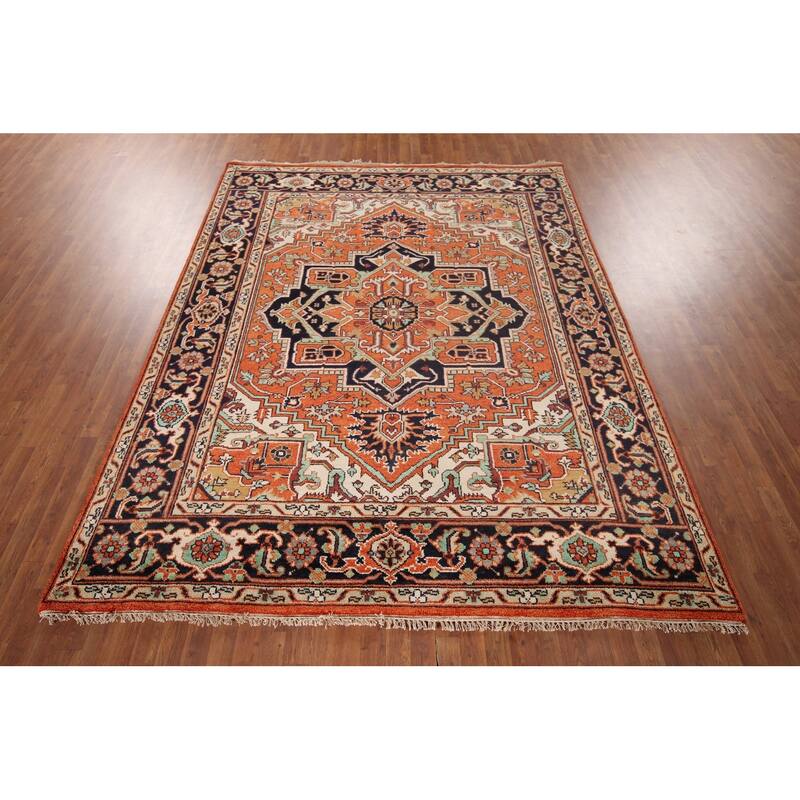 Orange Geometric Heriz Serapi Indian Area Rug Hand-Knotted Wool Carpet - 8'0"x 10'1"