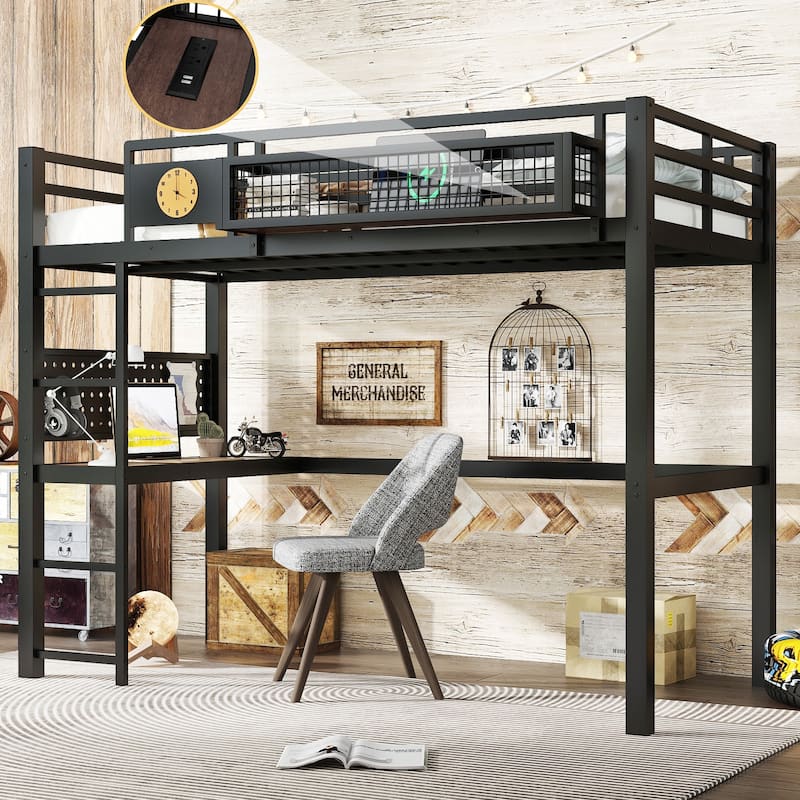 Metal Loft Bed with Desk & Storage Basket, Includes Alarm Clock & Charging Port, Queen/Full/Twin XL - Black - Twin XL