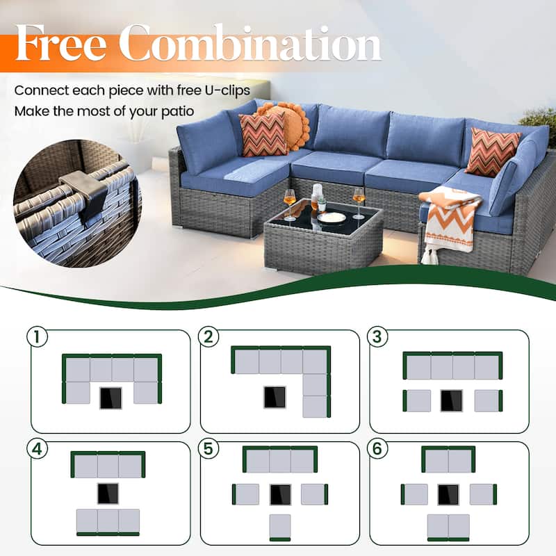 HOOOWOOO 9-piece Grey Wicker Patio Outdoor Sectional Set with Swivel Rocking Chair