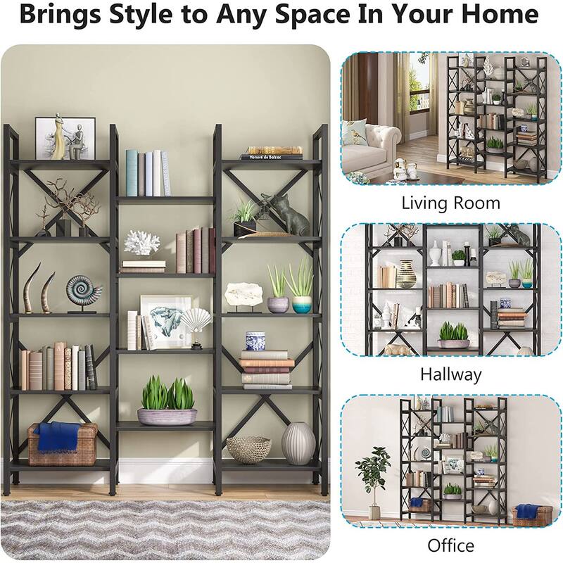 Open Triple Wide 5-Shelf Bookcase, Industrial Etagere Bookshelf for Home & Office