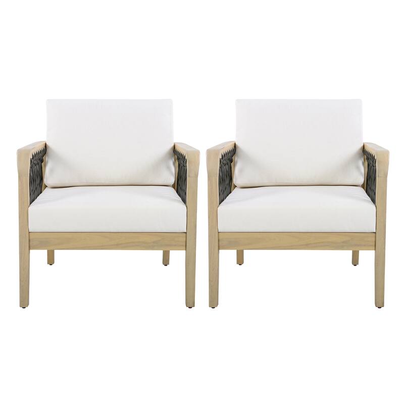 Christopher Knight Home - Outdoor Patio 28.94" Acacia Wood Club Chair with Handwoven Rope Panels and Cushions - Set of 2 - Cream,Dark Gray,Light Teak finish