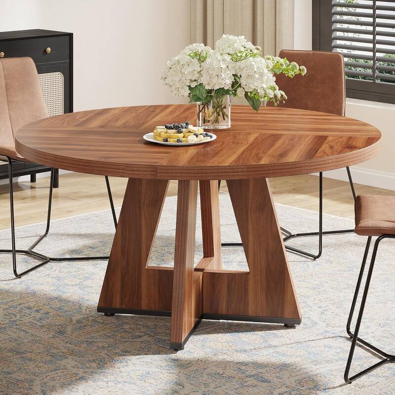 47" Round Wood Dining Table 4-Seater Farmhouse with Wooden Tabletop Cross Base for Dining Room/Kitchen