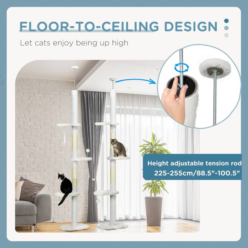 PawHut Floor to Ceiling Cat Tree with Scratching Posts, 88.5"-100.5" Adjustable Height, Cat Climbing Tower with Platforms