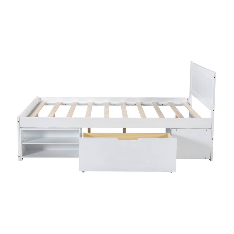 Full Size Wooden Platform Bed Frame with Drawer and Two Shelves, Ample Storage and Space-Saving Design, Bedroom Furniture