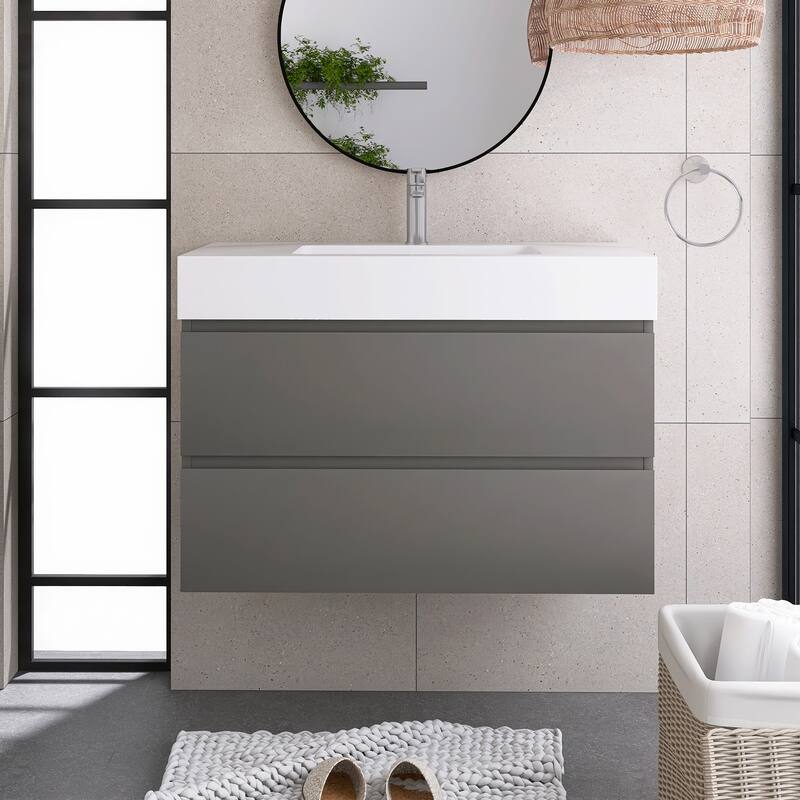 Floating Bathroom Vanity with Solid Surface Top - 35.8'' x 18.1'' x 25.2'' - Gray