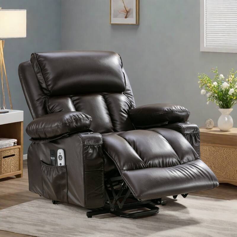 Power Lift Faux Leather Recliner Chair with Massage, Heat, USB Port, and Dual Storage Pockets - Brown