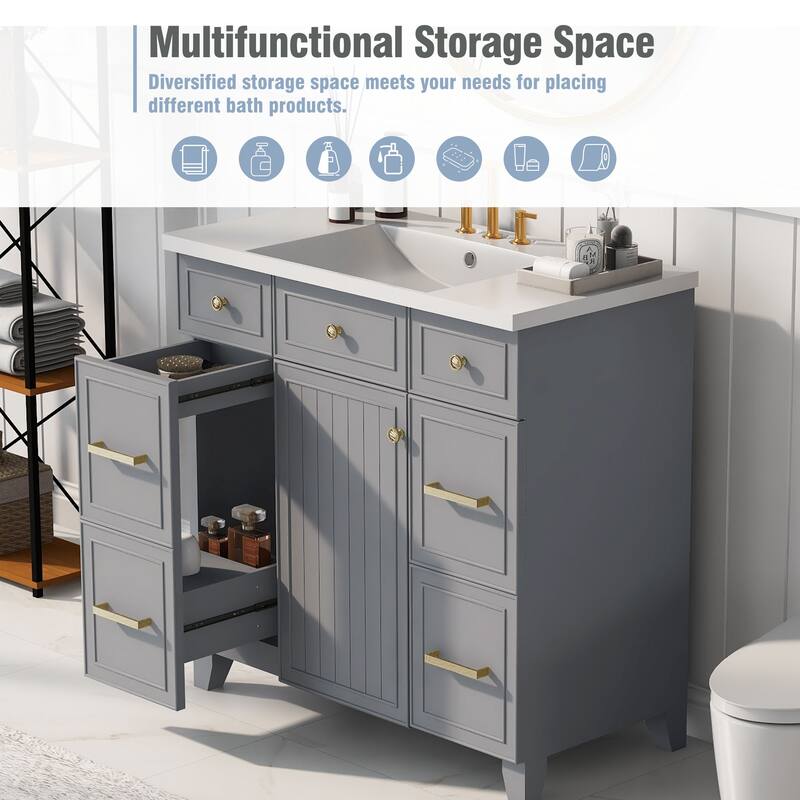 Modern 36-Inch Free-Standing Vanity with Single Sink, Storage Drawers & Adjustable Shelf