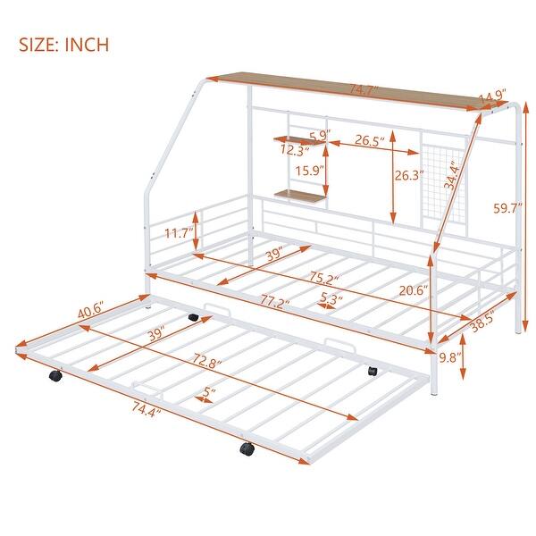 Twin Metal House Bed with Trundle, Sturdy Bedframe w/Built-in Shelf and Grid for Kids Bedroom, Dorm, No Box Spring Needed, White