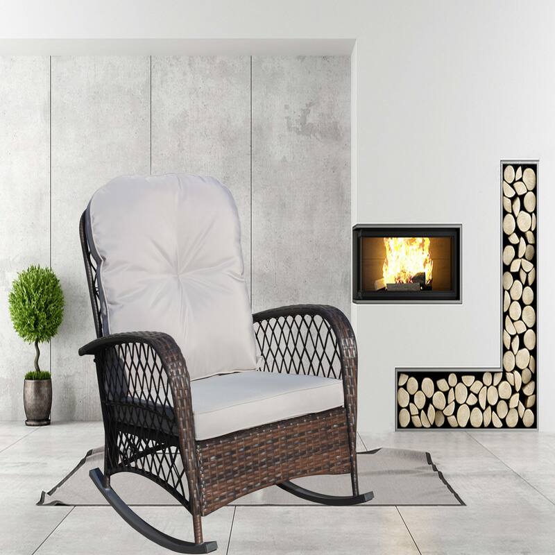 Outdoor Wicker Rocking Chair with Wide Seat, Thick, Soft Cushion, Rattan Rocker w/Steel Frame, High Weight Capacity