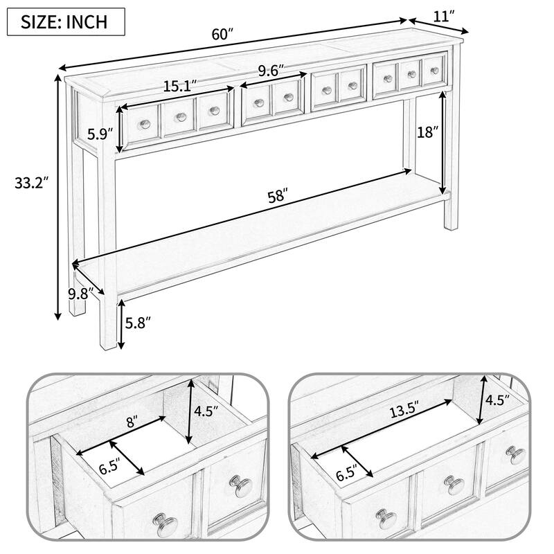 Entryway Console Table 60" Long Solid Wood Sofa Table Accent Tables with 4 Storage Drawers and Bottom Shelf for Living Room
