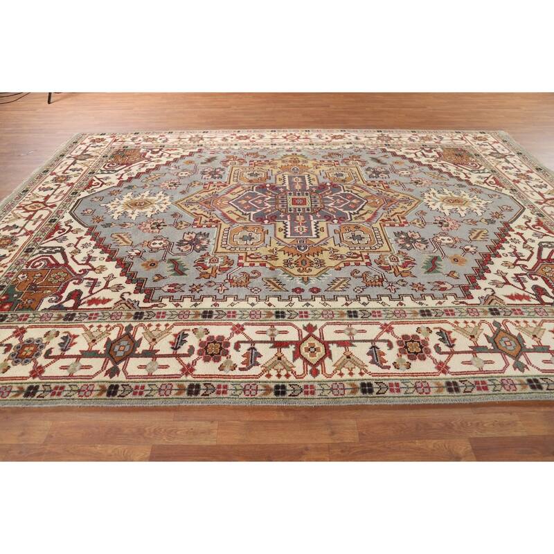 Heriz Serapi Indian Area Rug Handmade Grey Wool Carpet - 8'11" x 11'9"