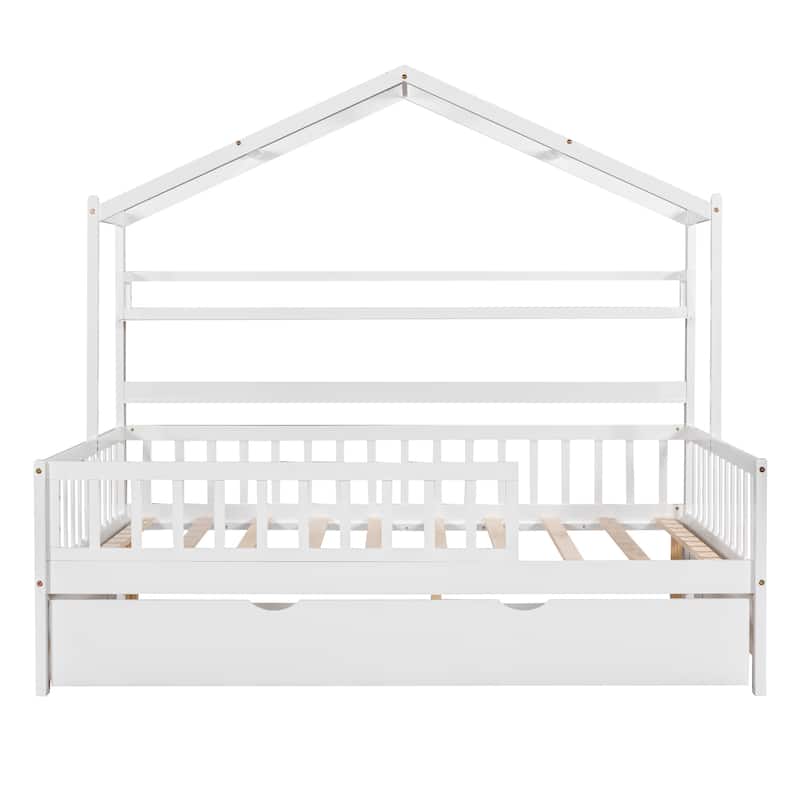 Full/Twin House Bed with Twin Trundle, Playhouse Bed for Kids with Storage Shelves, Pinewood and MDF Frame