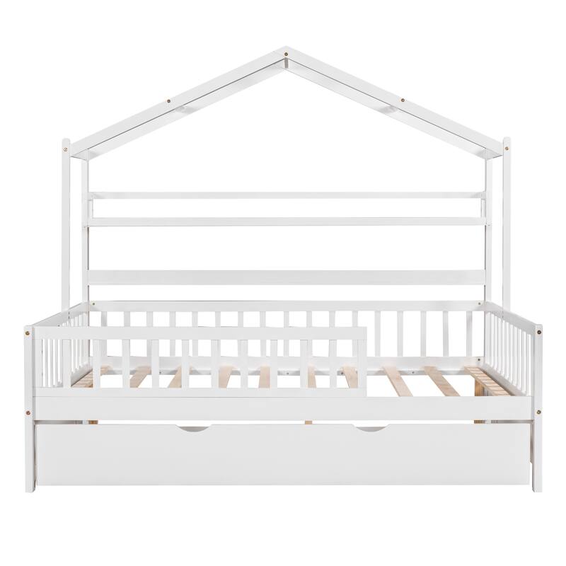 Roomfitters Wooden House Bed with Trundle and Shelf, House Frame Bed for Bedroom, White