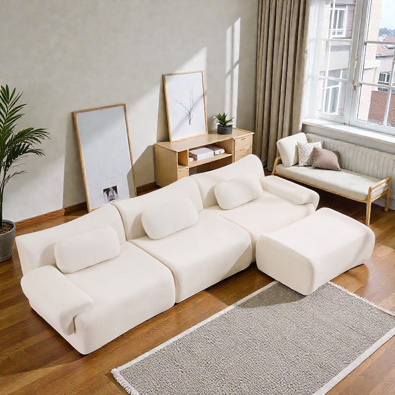 Modular Chenille Sofa Set with Armchair, Extra Large Deep Seat 3 Seater Compression Couch with Pillows