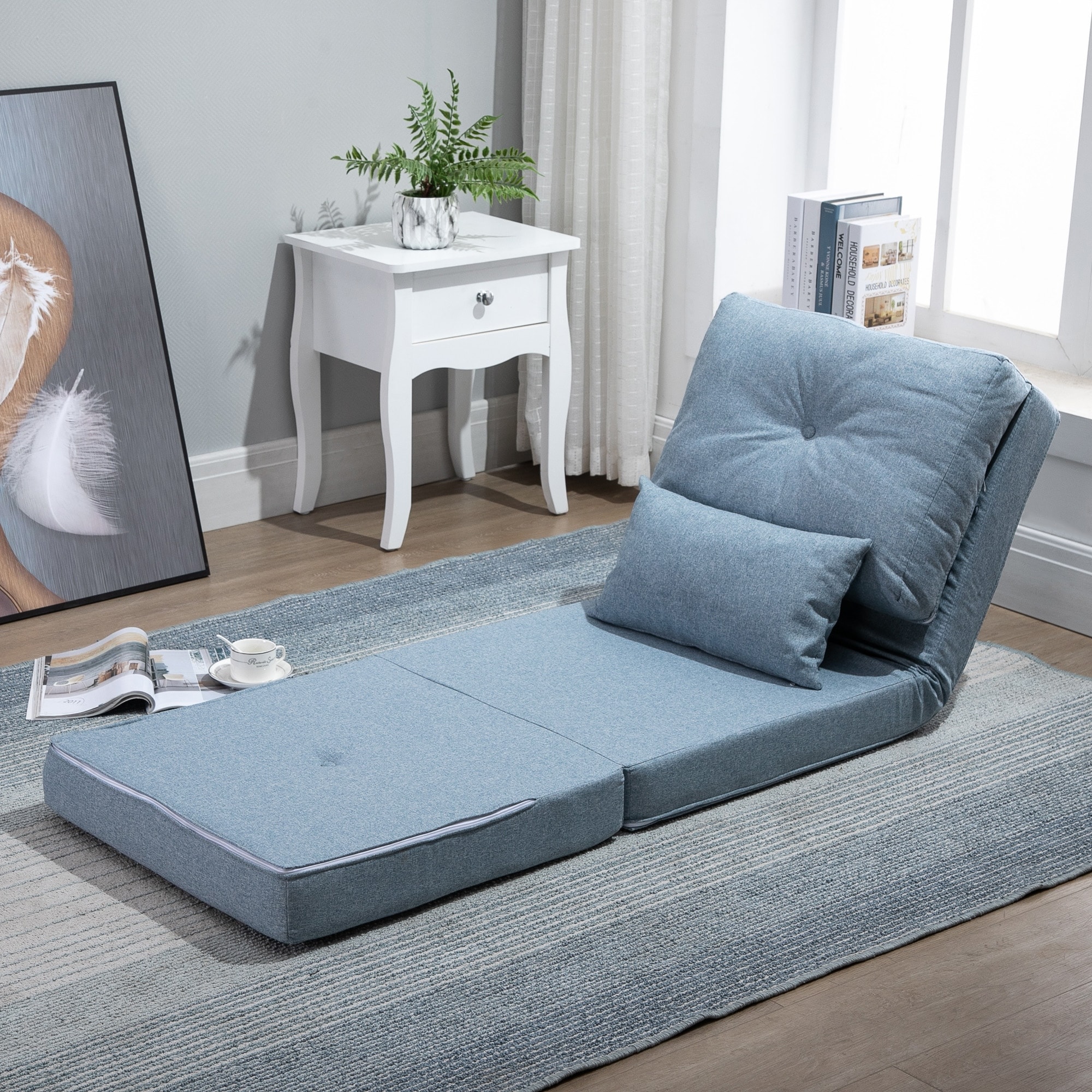 HOMCOM Convertible Flip Chair Floor Lazy Sofa Folding Upholstered Couch Bed with Adjustable Backrest Metal Frame and Pillows