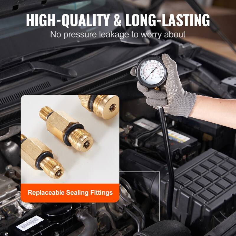 Compression Tester Adapter Kit, 9 Pcs Automotive Engine Cylinder Leak Down Compression Test, Dual Scale Pressure Gauge 0-300 psi