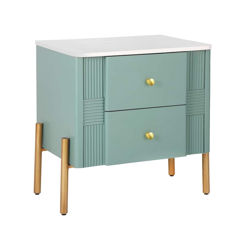 Modern Nightstand with 2 Storage Drawer, Fluted Bedside Table with Golden Metal Handles and Legs