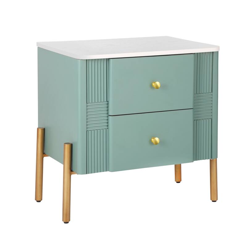 Roomfitters Modern Nightstand with 2 Storage Drawers, Fluted Bedside Table with Gold Metal Handles and Legs - Green