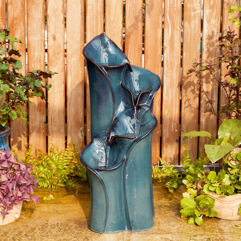 Glitzhome 31"H 4-Tiered Lotus Leaf Textured Ceramic Vase Outdoor Floor Fountain with LED