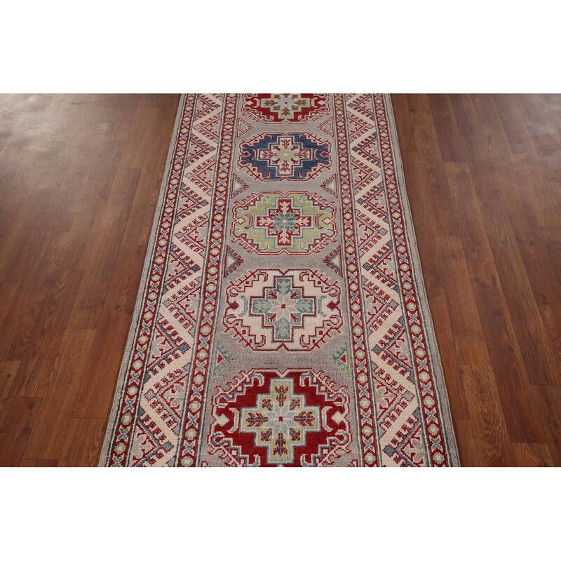 All-Over Gray Kazak Oriental Runner Rug Hand-Knotted Wool Carpet - 2'8" x 20'0"