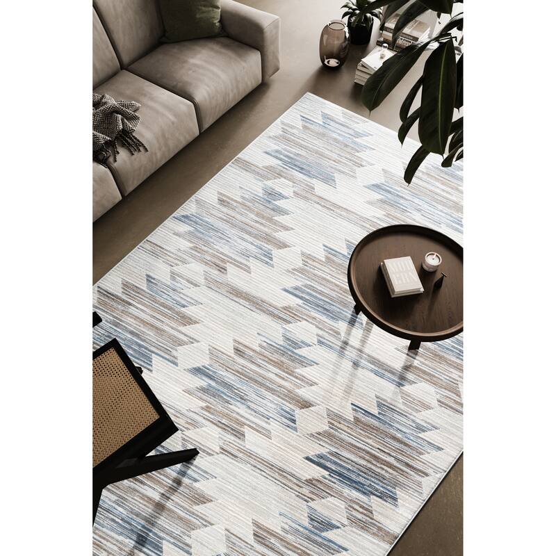 Eno Gamela Blue, Brown, Chocolate, Copper, Grey, Ivory and White Viscose Area Rug - 2'3" x 12' Runner - Blue+Brown+Wite