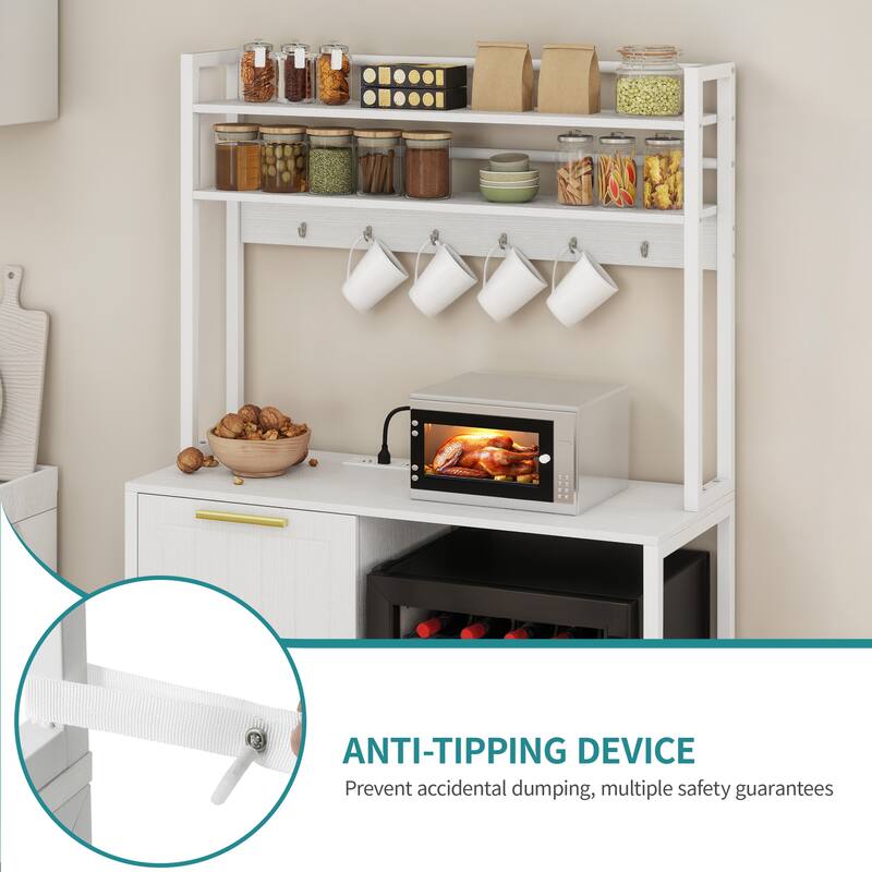 Kitchen Baker's Rack with Mini Fridge Space Trash Can Cabinet and Charger Station for Dorm or Small Space Organization