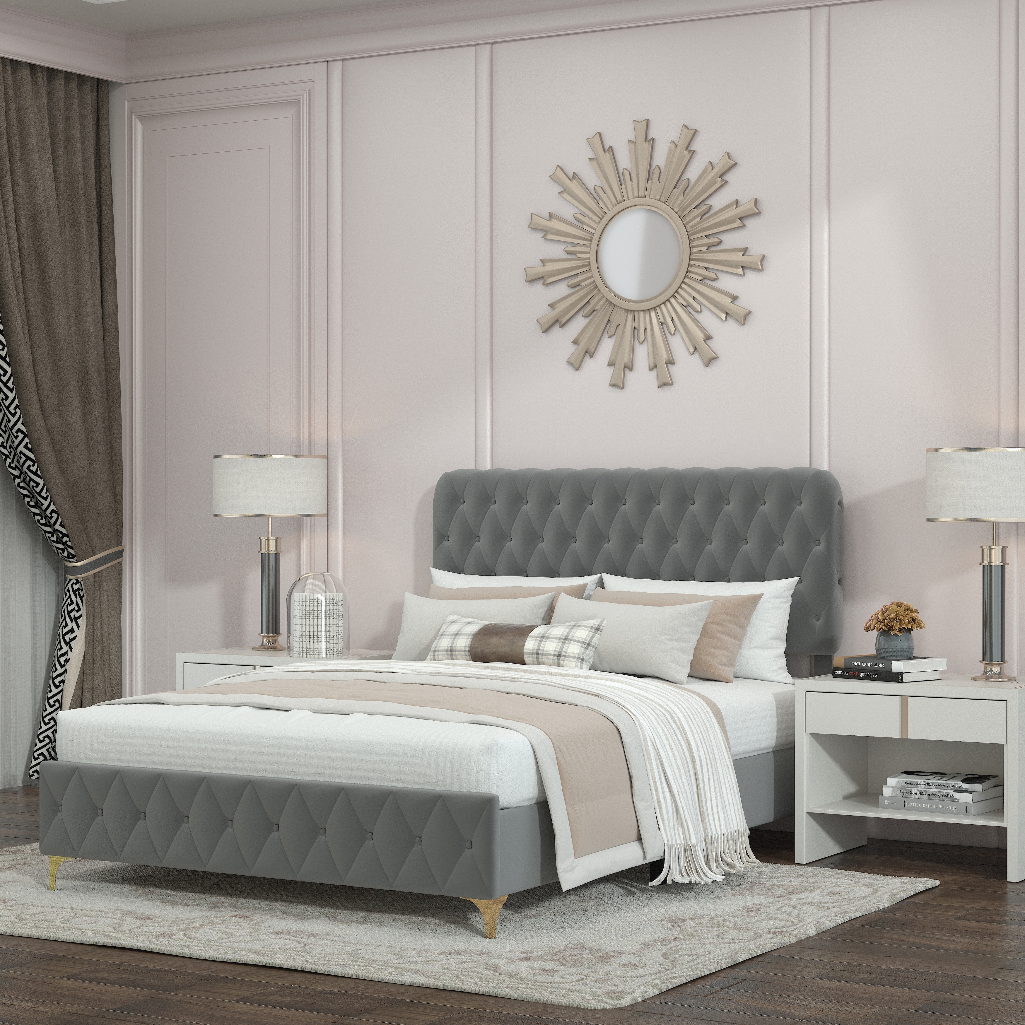 Platform Bed Frame Velvet Deep Tufted Buttons Upholstered Headboard Frame with Pneumatic Hydraulic Hidden Oversized Storage Bed