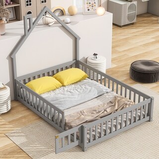 Full Pine Wood House-Shaped Headboard Floor Bed w/Fence & Guardrails