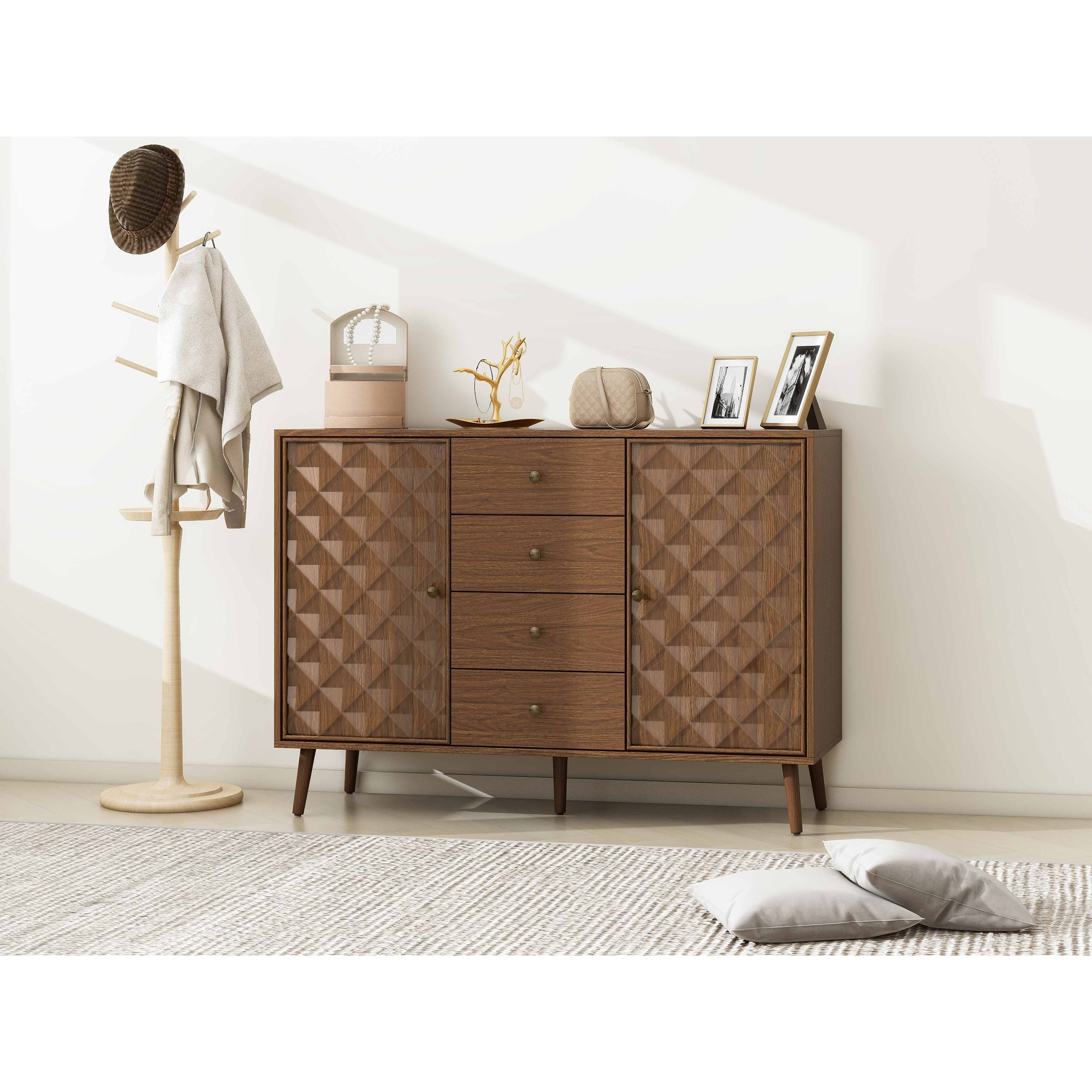 2 Door 4 Drawer Cabinet with Diamond Relief Design for Bedroom, Living Room, Study