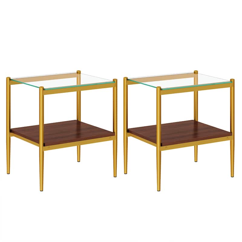 Set of 2, Rectangle End Table, Tempered Glass Tabletop with MDF layer, Modern Table for Living Room
