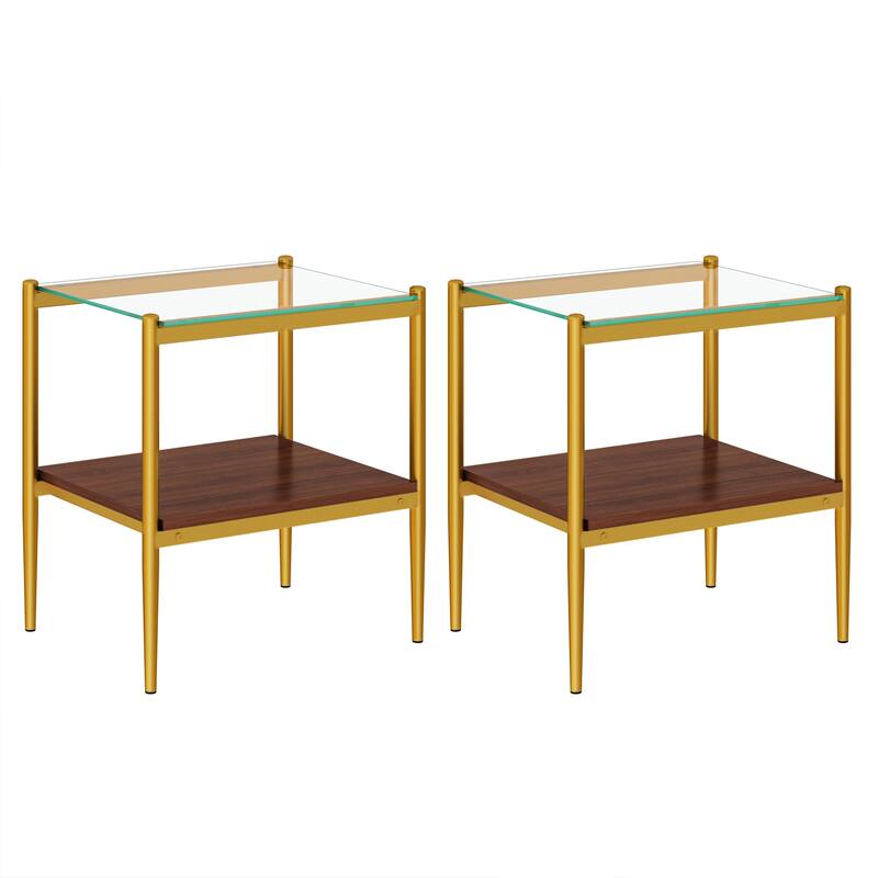 Set of 2 Rectangle End Table, Tempered Glass Tabletop with MDF layer, Modern Table for Living Room, Transparent Glass