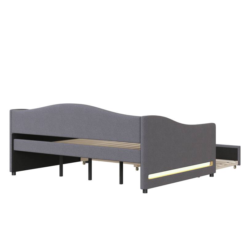 Comfort & Soft Daybed with LED & Trundle, Curve Design-Full Size, Grey