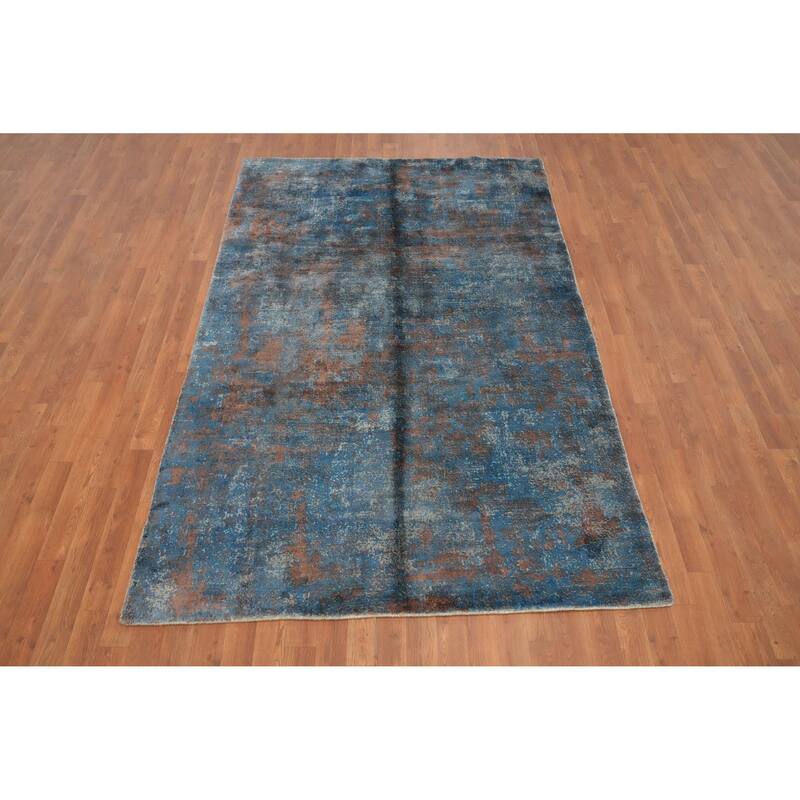 Hand Knotted Oriental Viscose Silk Carpet Modern Abstract Navy Blue & Blues Abstract Area Rug - 7' 10'' X 5' 0''
