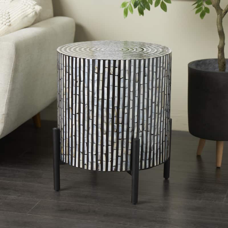 Mother of Pearl Shell Geometric Handmade Mosaic Inlay Accent Table with Black Metal Legs - Multi Colored - Roche River Decor