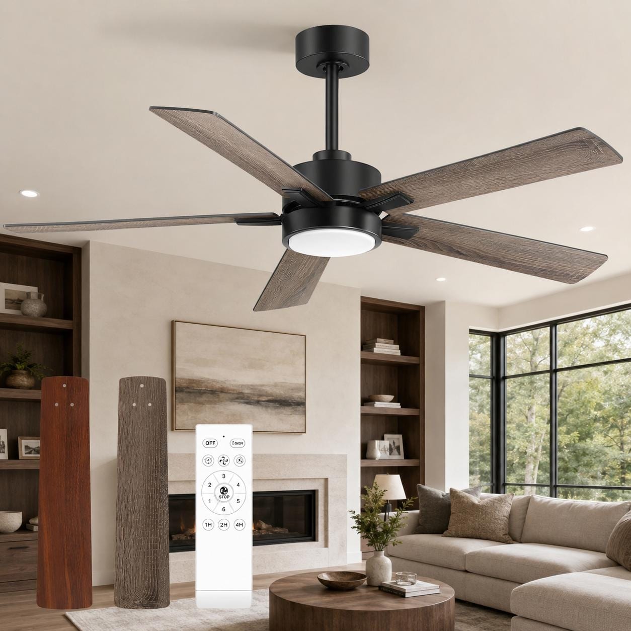 Airsurfer 52 in Ceiling Fan with Light, Wood Grain Plywood Blades, Quiet DC Motor, Remote Control