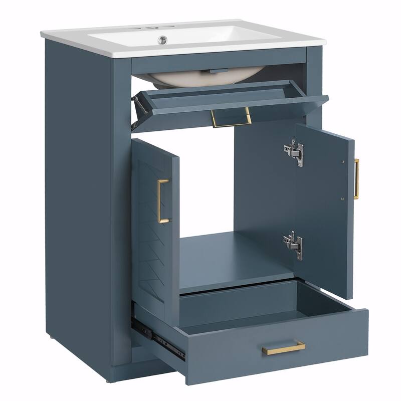 24" Bathroom Vanity with Integrated Ceramic Sink, Cabinet with 2 Doors, 1 Tip-out Drawer