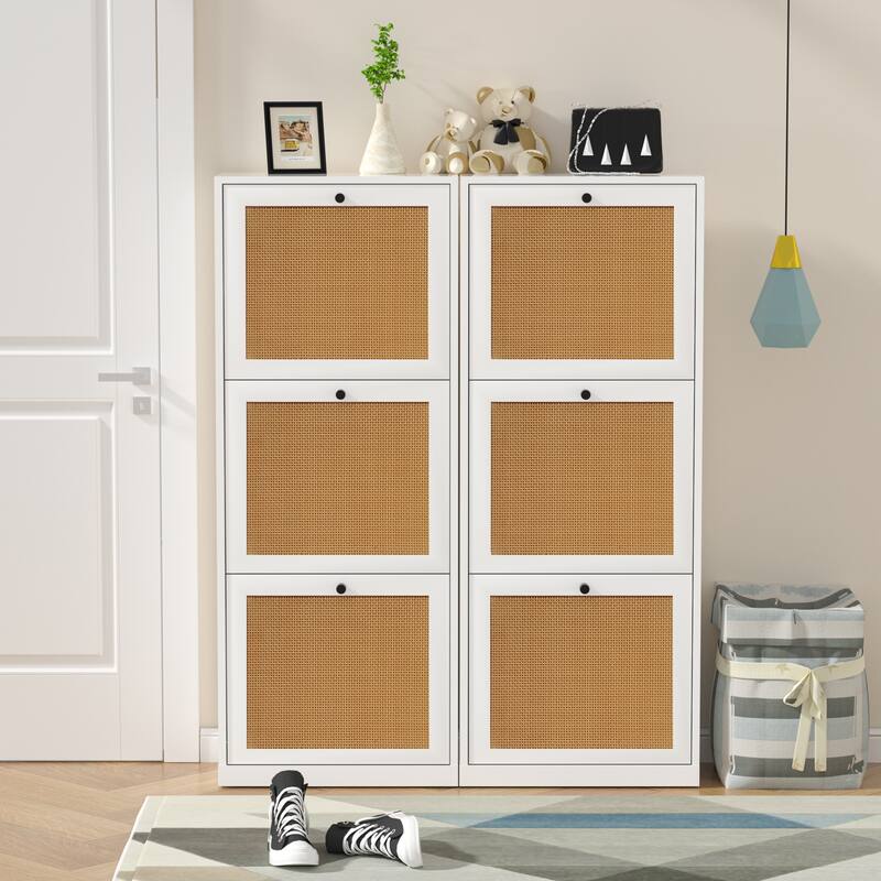 Anmytek 3 Layer Wood Rattan Shoe Cabinet with 3 Flip Drawer Narrow Shoe Storage Organizer