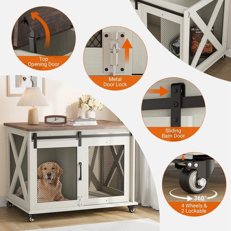 Large Wooden Dog Crate Kennel Furniture Side End Table with Flip Top and Movable Divider