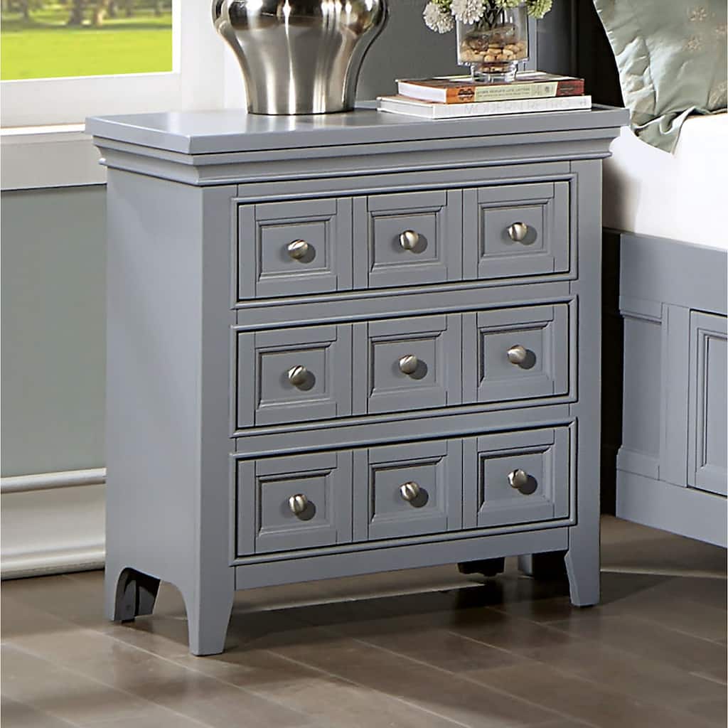 Transitional Gray Solid Wood 3-Drawer Nightstand w/ Round Knobs for Bedroom