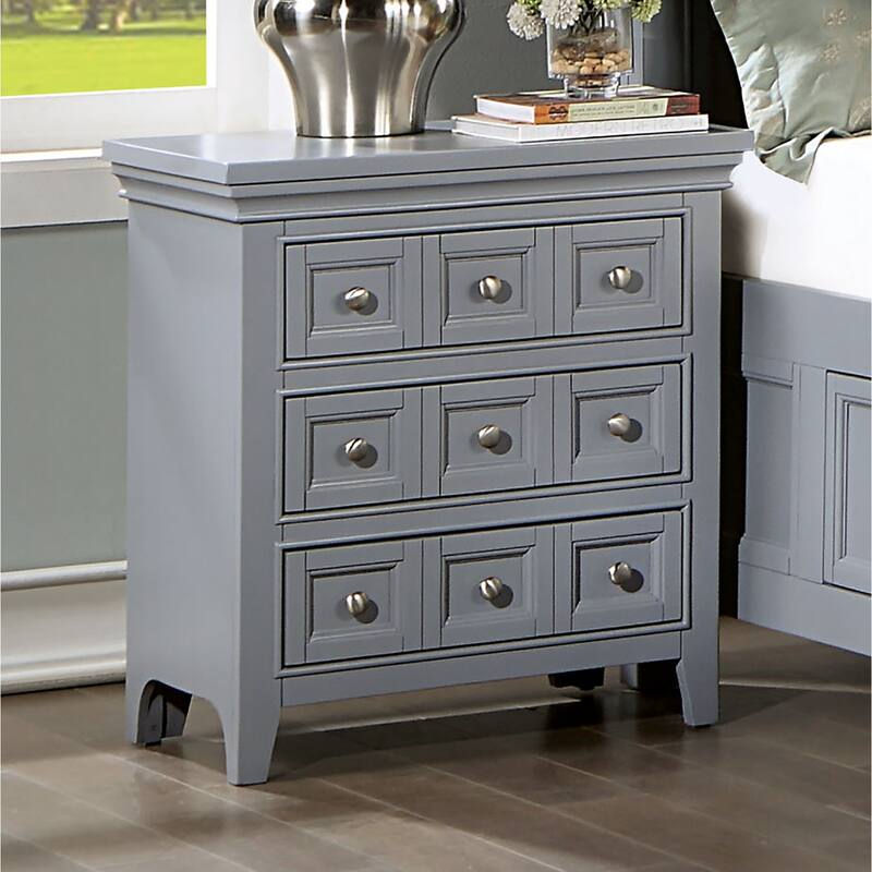 Transitional Gray Solid Wood 3-Drawer Nightstand w/ Round Knobs for Bedroom