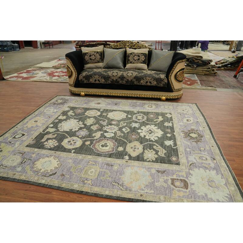 Vegetable Dye Wool Oushak Turkish Area Rug, Floral geometric Carpet - 9' 8'' X 7' 11''