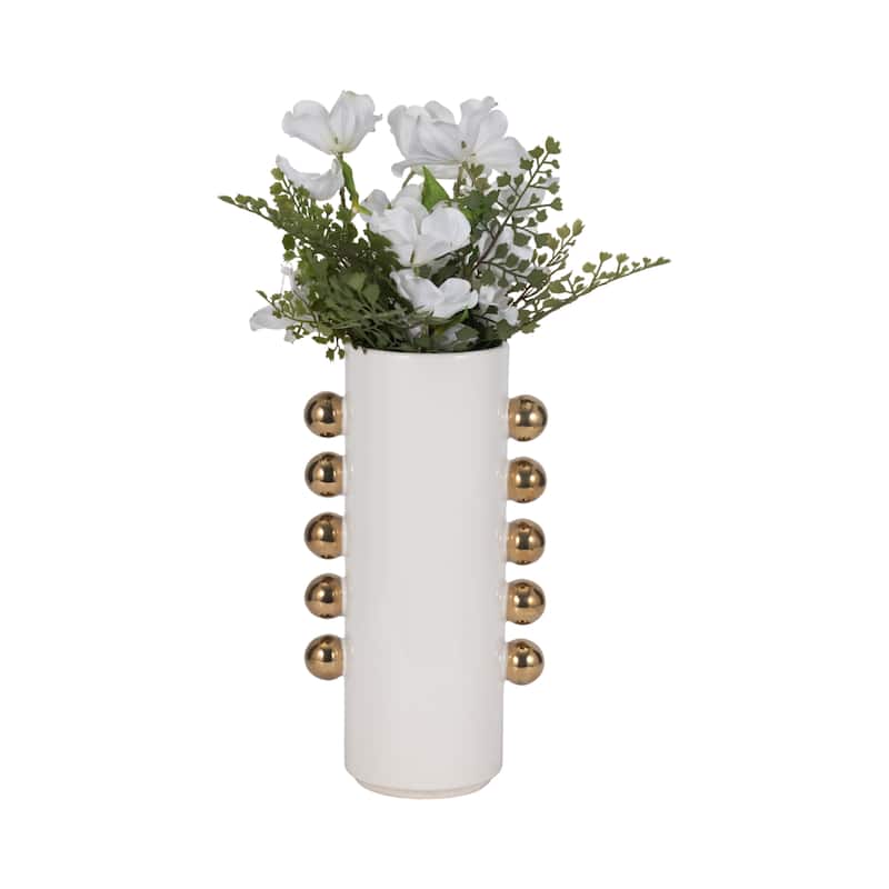 Sagebrook Home White/Gold Ceramic Cylinder Vase With Side Knobs