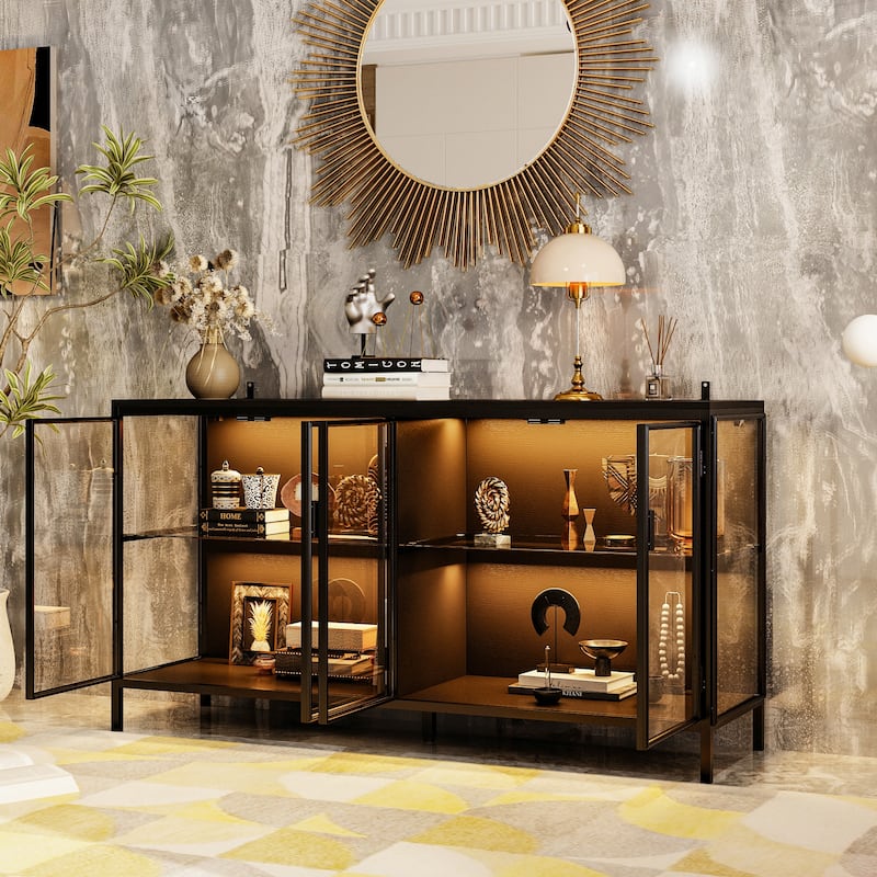 Black Metal & Glass Display Cabinet with LED Lights Accent Cabinet - 55.1"W