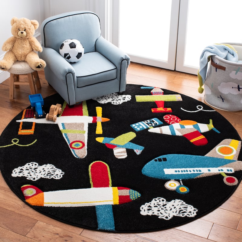 SAFAVIEH Carousel Kids Ardak Airplane Rug - 5'3" x 5'3" Round - Black/Ivory