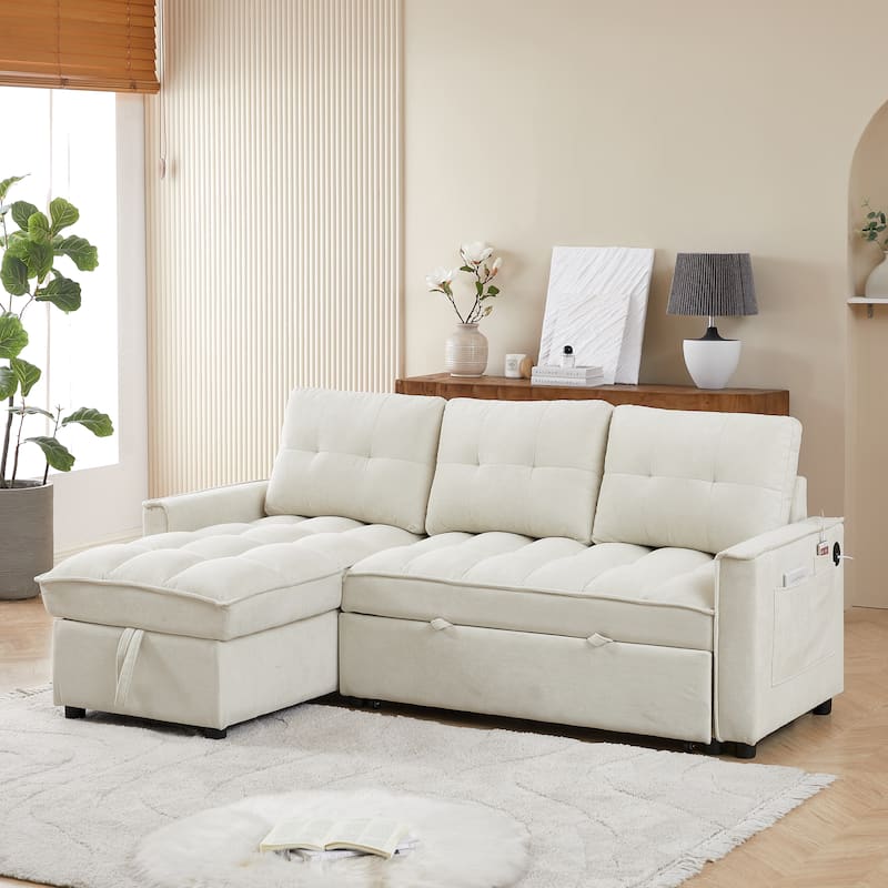 Modern Chenille L-Shaped Convertible Sofa Bed with Storage, USB and Type-C Charging Ports for Living Room - Beige