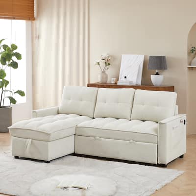 Modern Chenille L-Shaped Convertible Sofa Bed with Storage, USB and Type-C Charging Ports for Living Room
